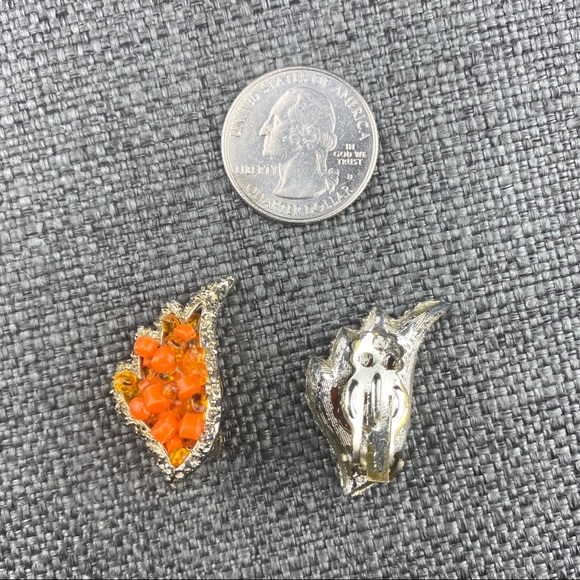 Vintage Beaded Orange Flame W/ Silver Clip Earring - Picture 6 of 6